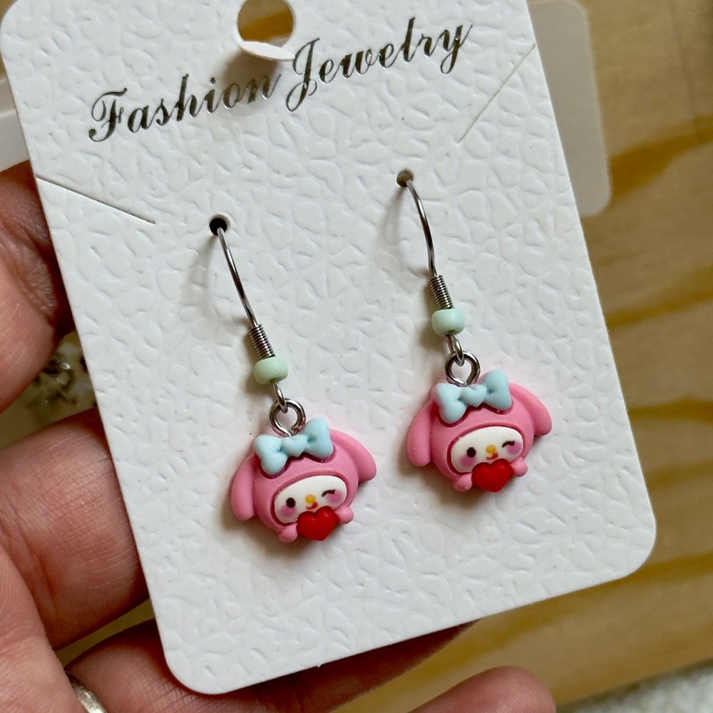 Pink Character Heart Drop Earrings
